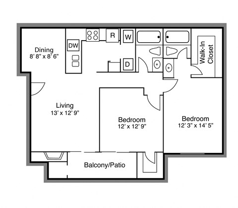 Floor plan for 2 beds, 2 baths, 925 sqft